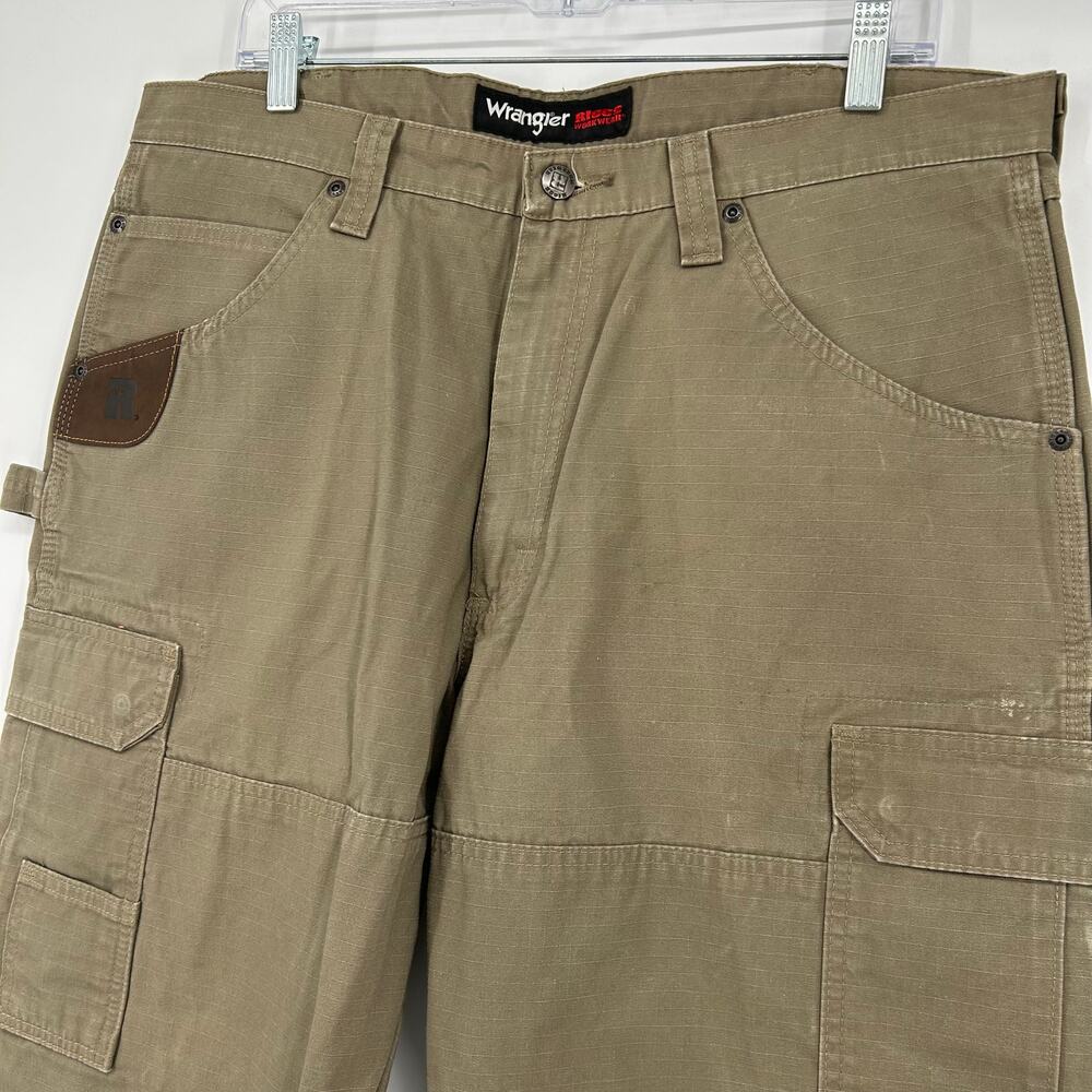 Men's Tan Wrangler Riggs Double Knee Canvas Ripstop Cargo Carpenter Pants 36x30 - Picture 3 of 10